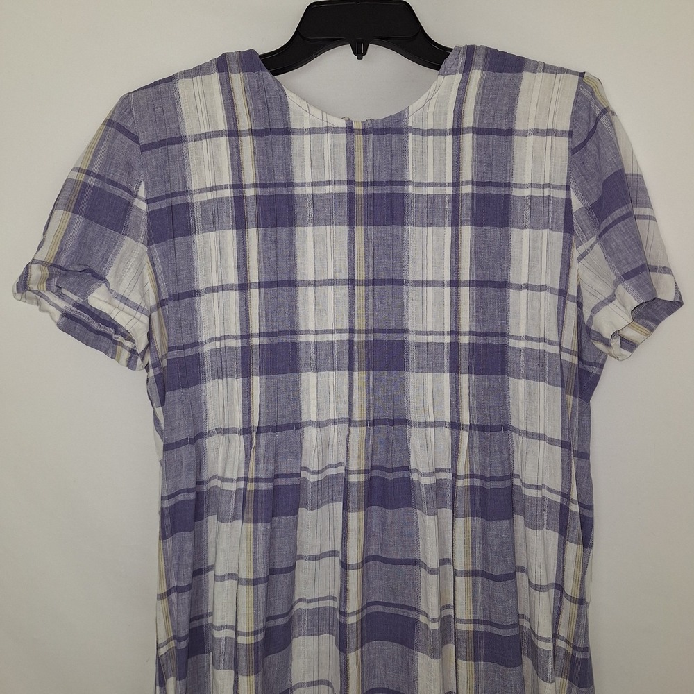 Vintage 90s Periwinkle White Plaid Linen Blend Dress 12 VTG Midi Cottagecore - Picture 3 of 16